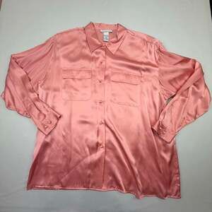 Anna and Frank Vintage 100% Silk Satin Pink Button Up Utility Shirt Blouse XL